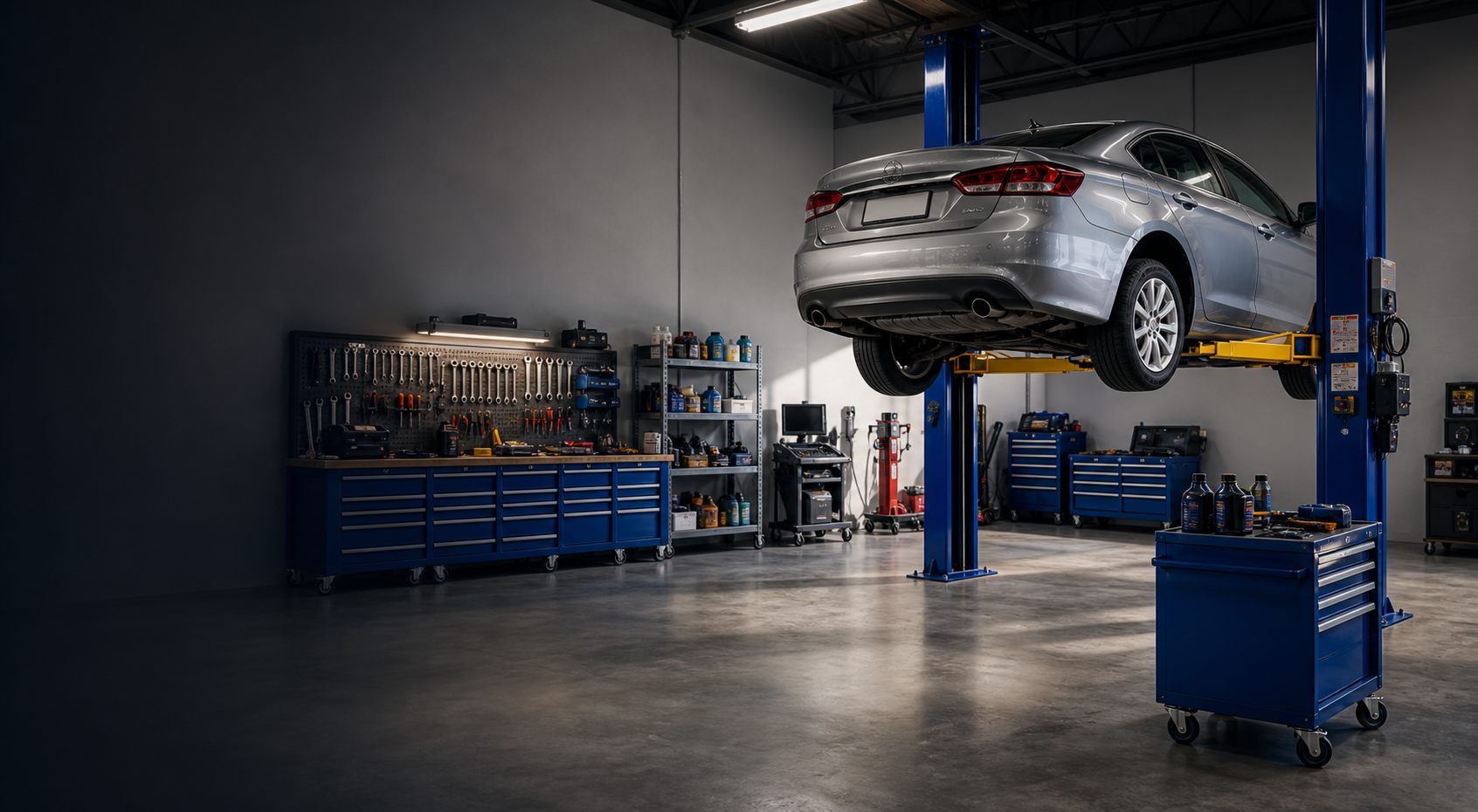 Polished auto repair workshop bay with a car on a lift